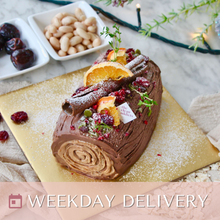 Load image into Gallery viewer, WEEKDAY Preorder - Flourless Hojicha x Spiced Dark Chocolate Vegan Wholefoods Log Cake (Nut Free Option Available)