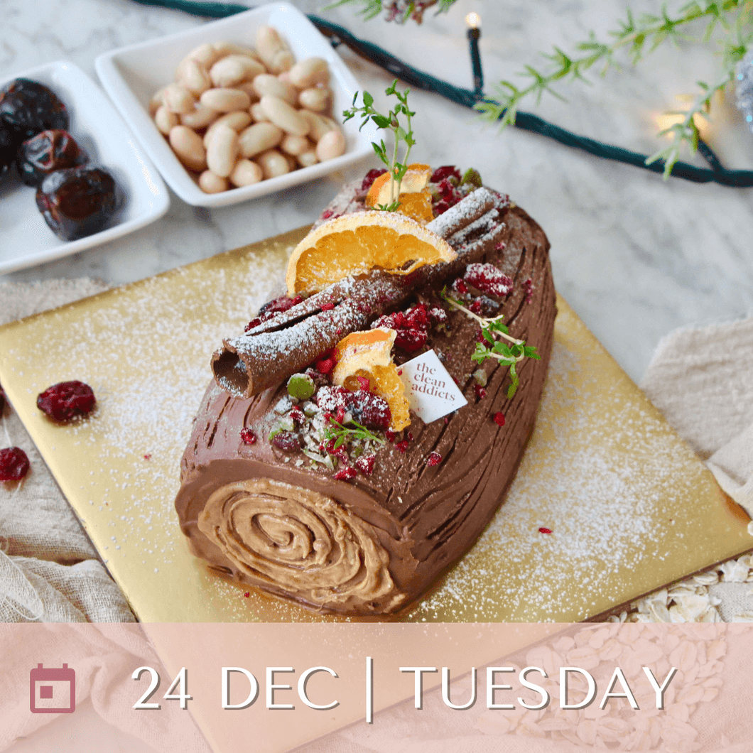 24/12/24 Preorder - Flourless Hojicha x Spiced Dark Chocolate Vegan Wholefoods Log Cake (Nut Free Option Available)